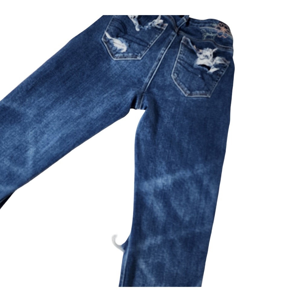 American Eagle Strigid Distressed Mom Jeans Dark Wash Floral Embroidery Size 000 - Picture 12 of 13